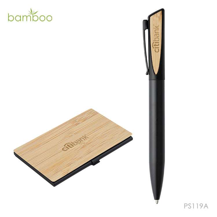 Wholesale custom  Aluminium Ball Pen With Bamboo Namecard holder Set Bamboo