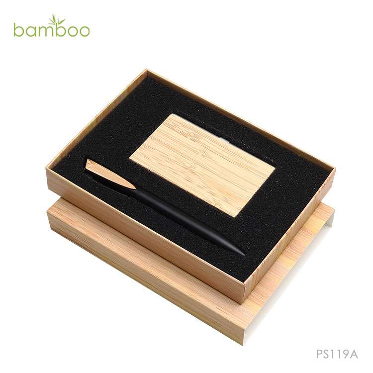 Wholesale custom  Aluminium Ball Pen With Bamboo Namecard holder Set Bamboo 2