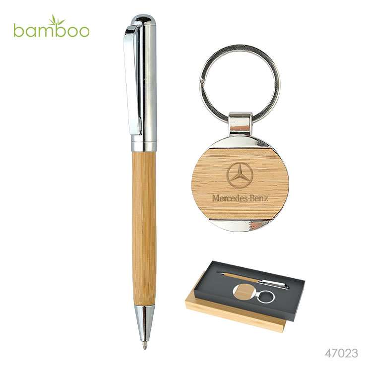 Wholesale custom  Bamboo Metal Pen & Bamboo Keychain  set Bamboo