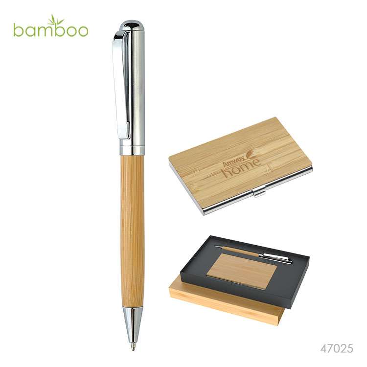 Wholesale custom  Bamboo Metal Pen & Bamboo Name Card Holder  set Bamboo