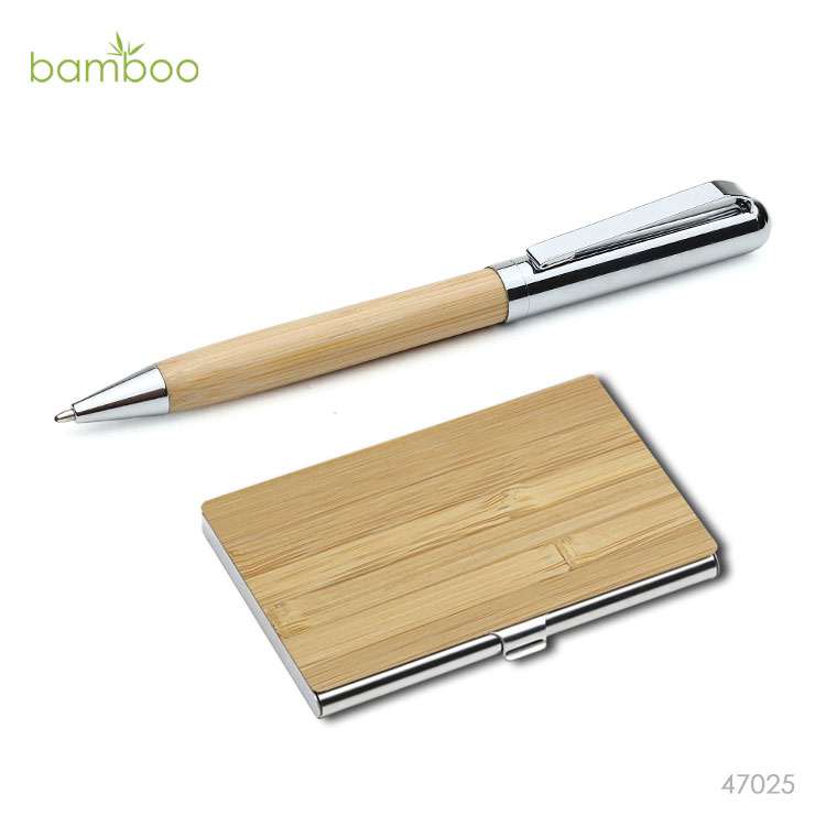 Wholesale custom  Bamboo Metal Pen & Bamboo Name Card Holder  set Bamboo 2