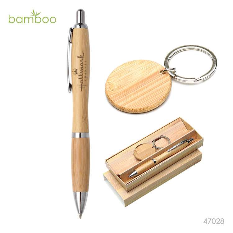 Wholesale custom  Bamboo pen with Bamboo Kechain Set Bamboo
