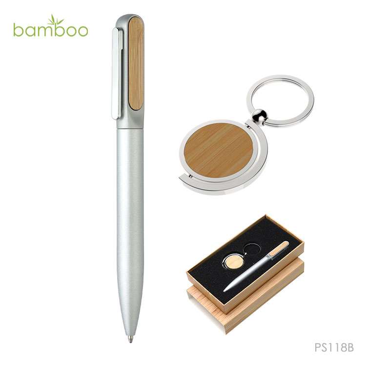 Wholesale custom  Aluminium Ball Pen with Bamboo Keychain Set Bamboo 2