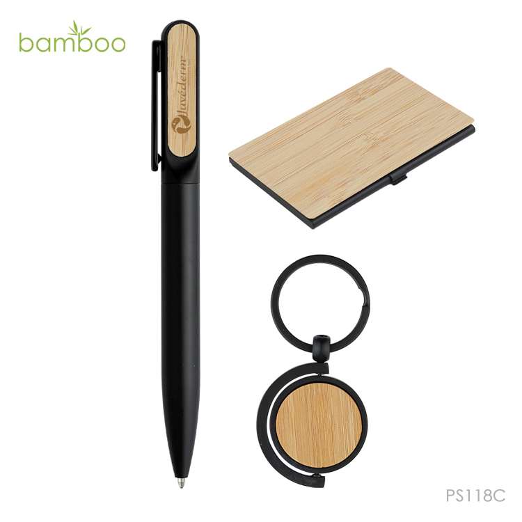 Wholesale custom  Aluminium Ball Pen with Bamboo Keychain & Bamboo Namecard holderSet Bamboo