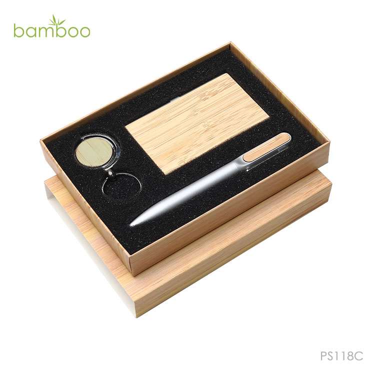 Wholesale custom  Aluminium Ball Pen with Bamboo Keychain & Bamboo Namecard holderSet Bamboo 2