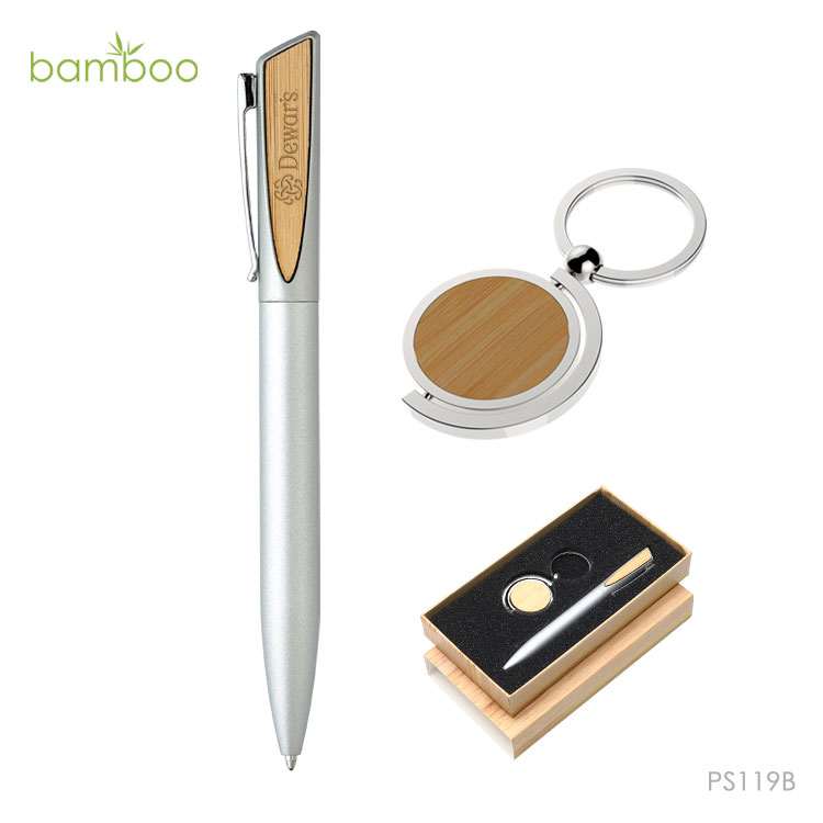 Wholesale custom  Aluminium Ball Pen with Bamboo Keychain Set Bamboo