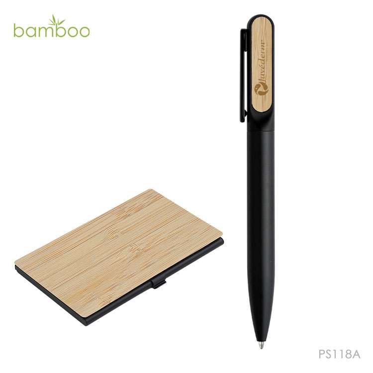 Wholesale custom  Aluminium Ball Pen With Bamboo Namecard holder Set Bamboo