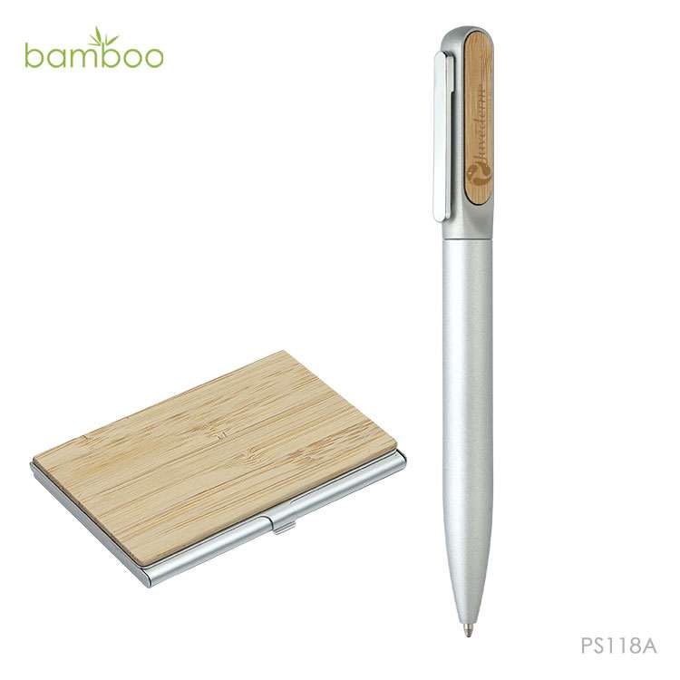 Wholesale custom  Aluminium Ball Pen With Bamboo Namecard holder Set Bamboo 2