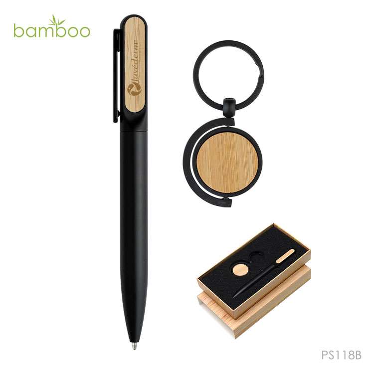 Wholesale custom  Aluminium Ball Pen with Bamboo Keychain Set Bamboo