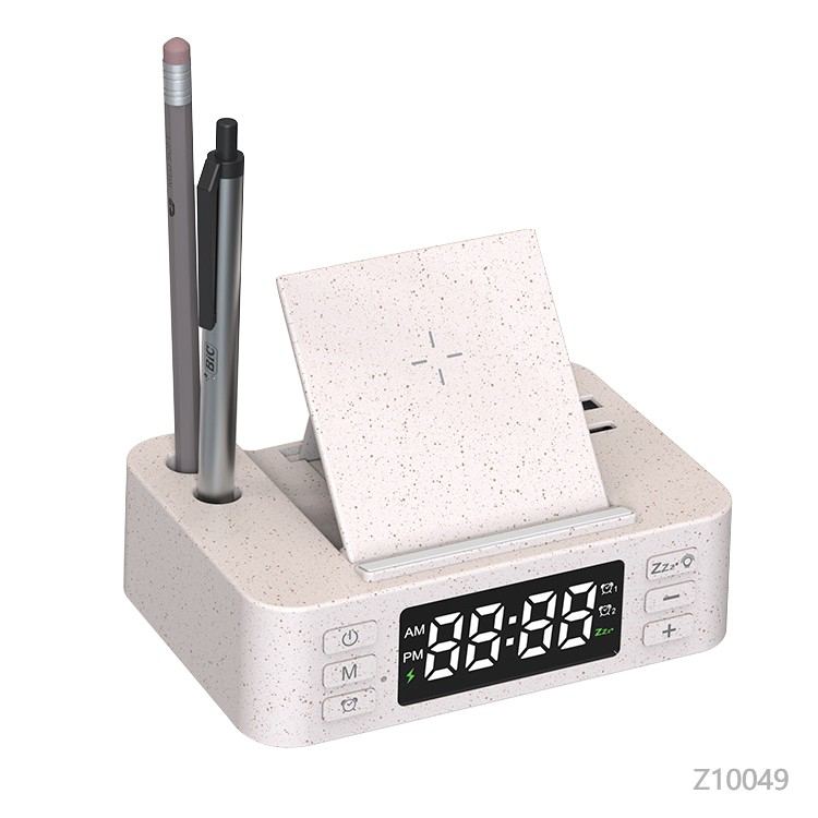 Wholesale custom  Wheat Straw Wireless Charging Digital Alarm Clock Charging Cables