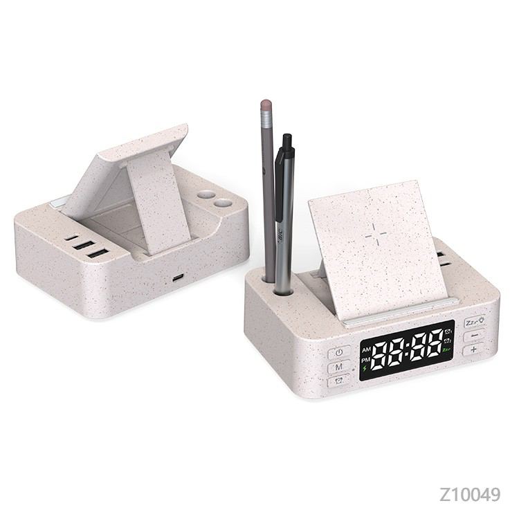 Wholesale custom  Wheat Straw Wireless Charging Digital Alarm Clock Charging Cables 2