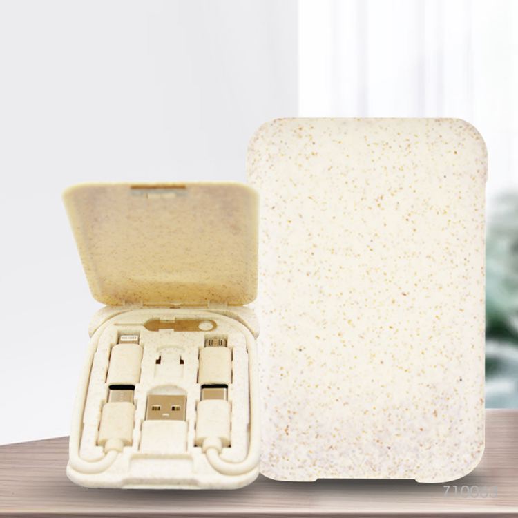 Wholesale custom  Wheat Straw 3 in 1 Charging Cable With Storage Box Charging Cables 2